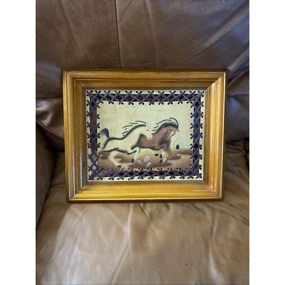 HORSES Native American Indian Hand Made Leather Tooled Picture Framed Folk Art